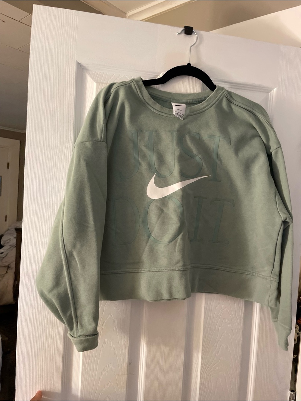 Nike Women's Sage Green Crew Sweatshirt with White Swoosh